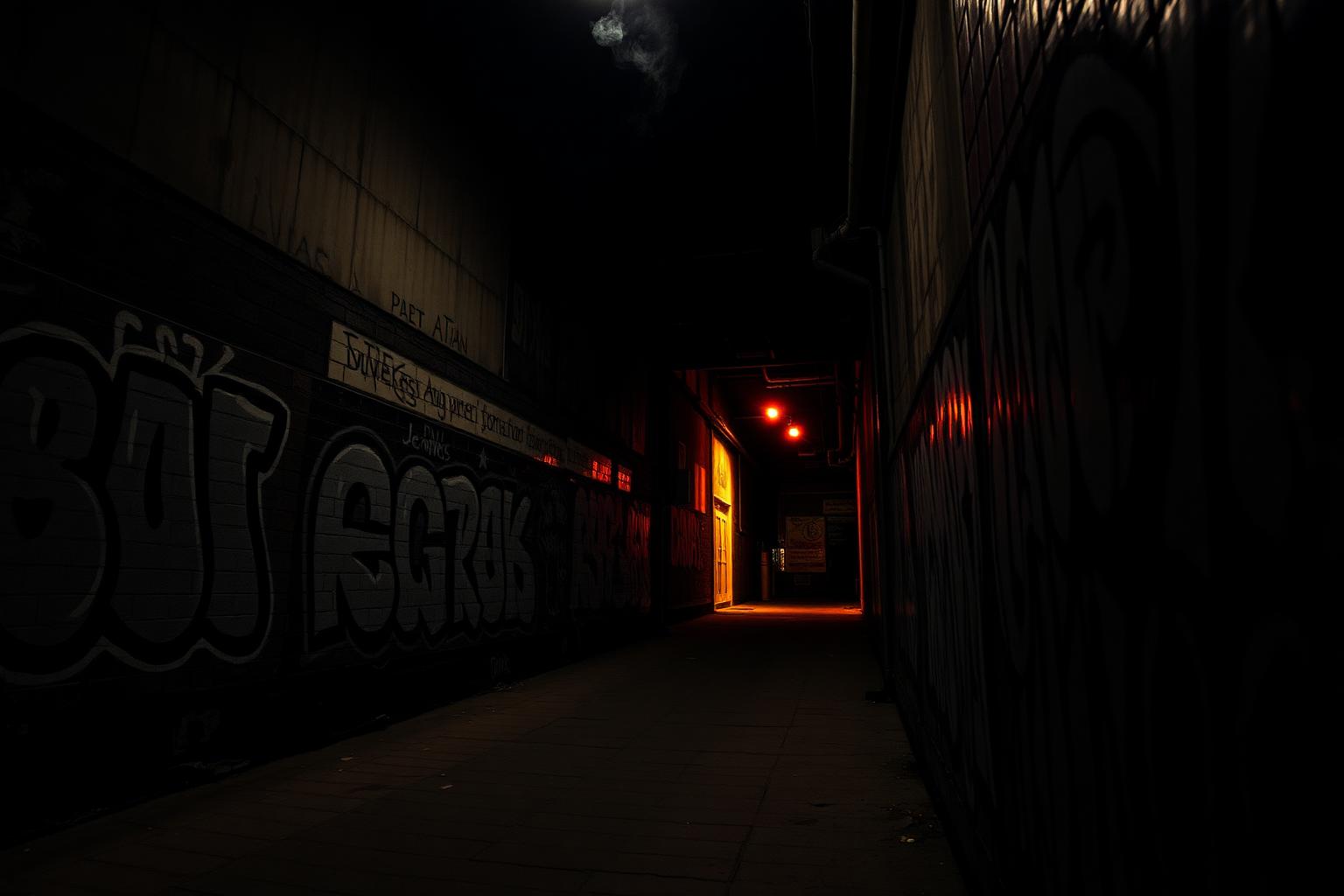 Dark graffiti alley at night